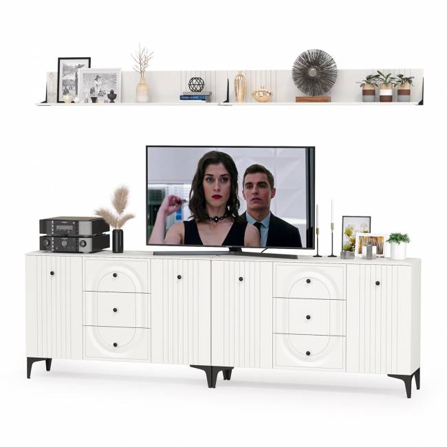 Два комода-ТВ-тумбы Валенсия с двумя навесными полками цвет белый шагрень