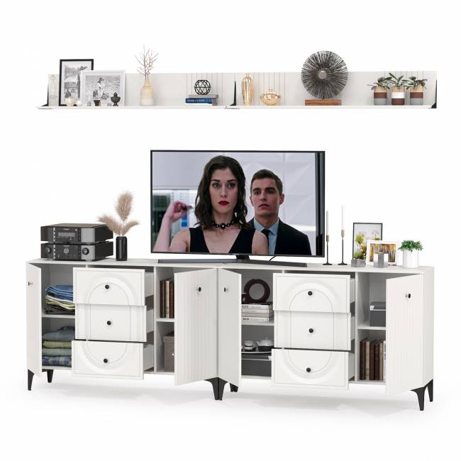 Два комода-ТВ-тумбы Валенсия с двумя навесными полками цвет белый шагрень