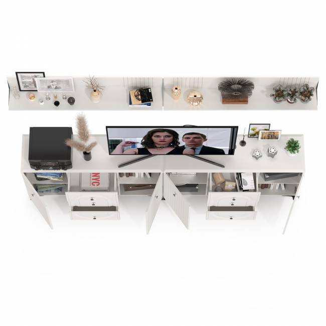 Два комода-ТВ-тумбы Валенсия с двумя навесными полками цвет белый шагрень