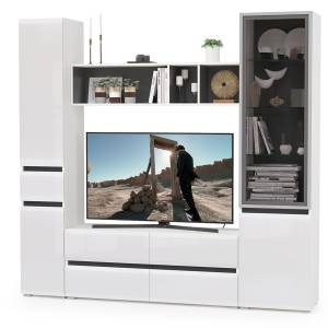 Стенка для гостиной Сидней Комплектация № 23 цвет белый/чёрный/фасады МДФ белый глянец