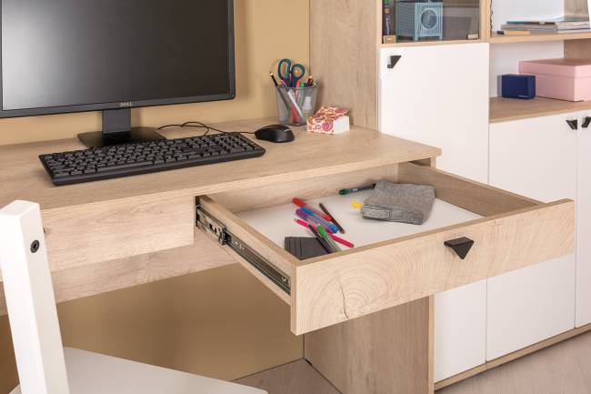 Столы Бостон с полками и стеллажом со стеклом цвет дуб эндгрейн элегантный/фасады МДФ милк рикамо софт