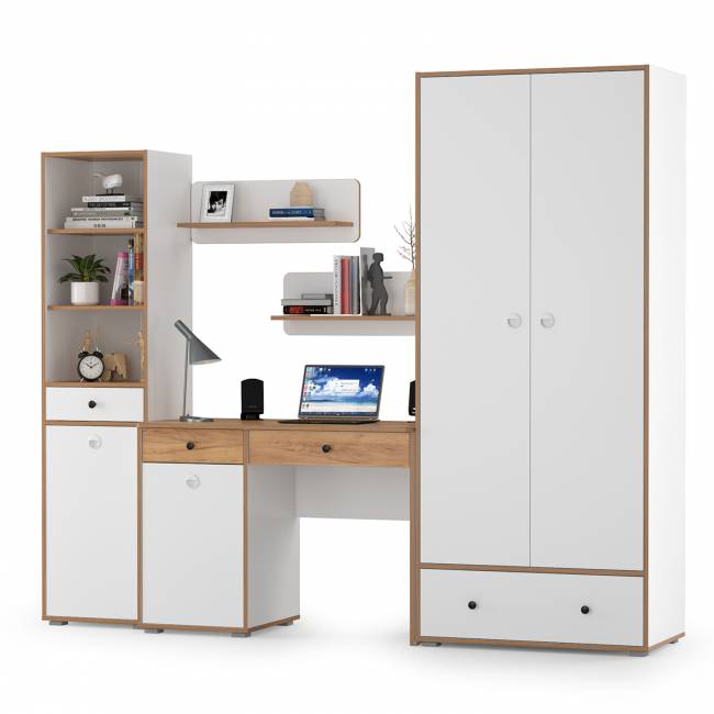 Мебельная стенка в молодёжную комнату Вуди № 23 цвет белый премиум/дуб крафт золотой Мебельная стенка в молодёжную комнату Вуди № 23 цвет белый премиум/дуб крафт золотой