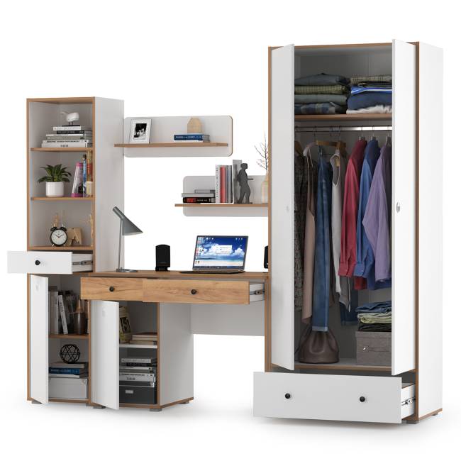 Мебельная стенка в молодёжную комнату Вуди № 23 цвет белый премиум/дуб крафт золотой Мебельная стенка в молодёжную комнату Вуди № 23 цвет белый премиум/дуб крафт золотой