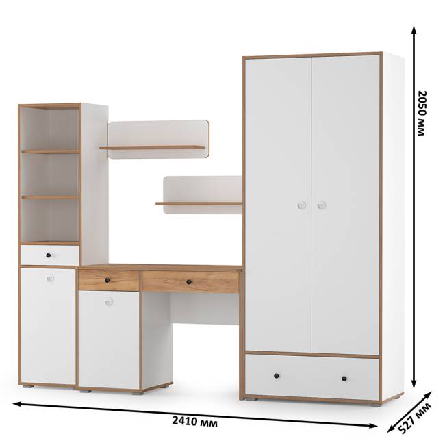 Мебельная стенка в молодёжную комнату Вуди № 23 цвет белый премиум/дуб крафт золотой Мебельная стенка в молодёжную комнату Вуди № 23 цвет белый премиум/дуб крафт золотой
