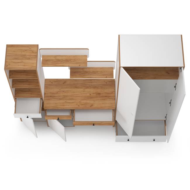 Мебельная стенка в молодёжную комнату Вуди № 23 цвет белый премиум/дуб крафт золотой Мебельная стенка в молодёжную комнату Вуди № 23 цвет белый премиум/дуб крафт золотой