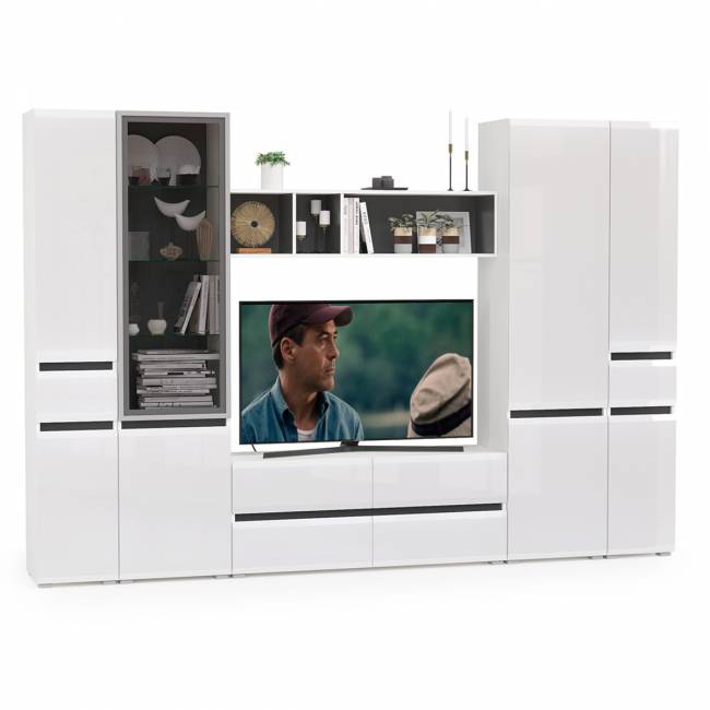 Большая стенка для гостиной Сидней № 30 цвет белый/чёрный/фасады МДФ белый глянец Большая стенка для гостиной Сидней № 30 цвет белый/чёрный/фасады МДФ белый глянец