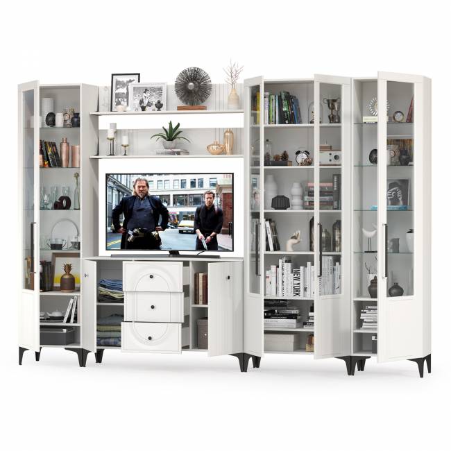 Большая стенка в гостиную Валенсия № 108 цвет белый шагрень