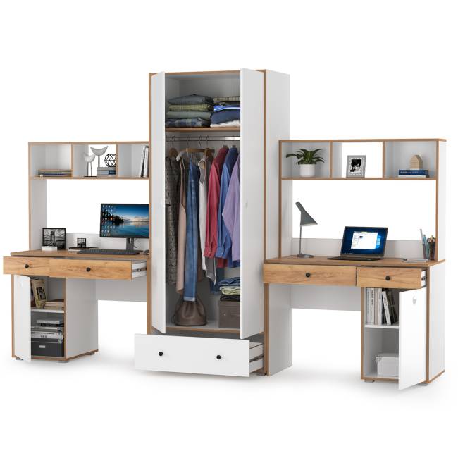 Два компьютерных стола и платяной шкаф Вуди цвет белый премиум/дуб крафт золотой Два компьютерных стола и платяной шкаф Вуди цвет белый премиум/дуб крафт золотой