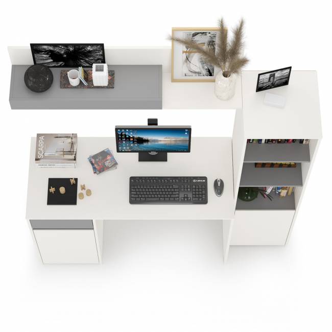 Стол Торонто с полкой и стеллажом цвет белый шагрень/стальной серый