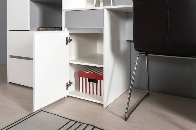 Стол Торонто с полкой и стеллажом цвет белый шагрень/стальной серый