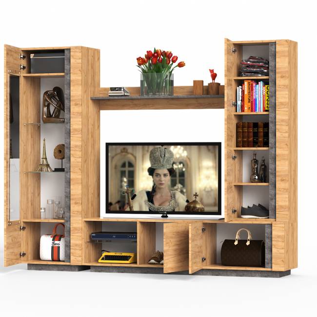 Стенка для гостиной Арчи-3 цвет дуб крафт золотой/камень тёмный