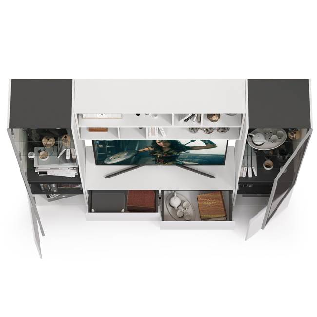 Сидней стенка для гостиной № 38 цвет белый/чёрный/фасады МДФ белый глянец