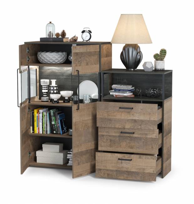 Комод с витриной с двумя дверками и подсветкой и комод с ящиками Трувор цвет дуб гранж песочный/интра