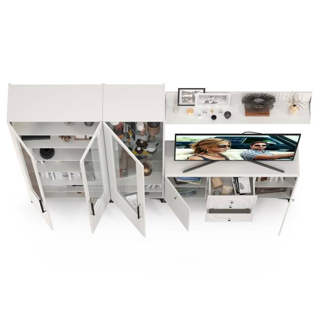 Комод для ТВ-аппаратуры с навесной полкой и широкий сервант Валенсия цвет белый шагрень Комод для ТВ-аппаратуры с навесной полкой и широкий сервант Валенсия цвет белый шагрень