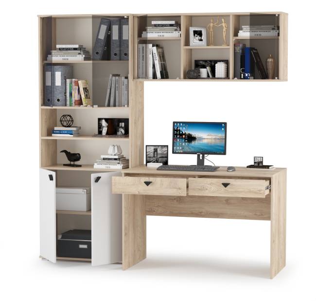 Компьютерный стол со шкафом и полкой со стеклом Бостон цвет дуб эндгрейн элегантный/фасады МДФ милк рикамо софт