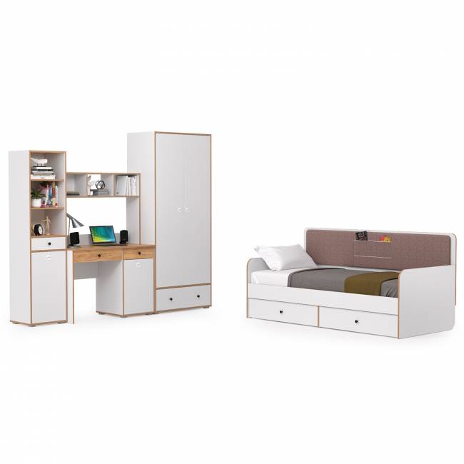 Детская кровать с ящиками и уголок школьника Вуди № 36 цвет белый премиум/дуб крафт золотой/саванна латте