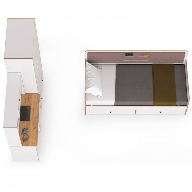 Вуди мебель в детскую с кроватью с ящиками № 38 цвет белый премиум/дуб крафт золотой/саванна латте Вуди мебель в детскую с кроватью с ящиками № 38 цвет белый премиум/дуб крафт золотой/саванна латте