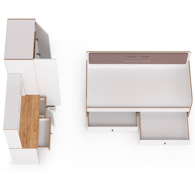 Вуди мебель в детскую с кроватью с ящиками № 38 цвет белый премиум/дуб крафт золотой/саванна латте Вуди мебель в детскую с кроватью с ящиками № 38 цвет белый премиум/дуб крафт золотой/саванна латте