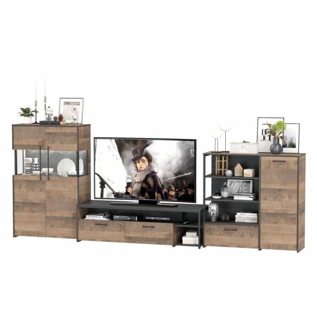 Стенка в гостиную Трувор № 54 с тумбой с подсветкой цвет дуб гранж песочный/интра Стенка в гостиную Трувор № 54 с тумбой с подсветкой цвет дуб гранж песочный/интра