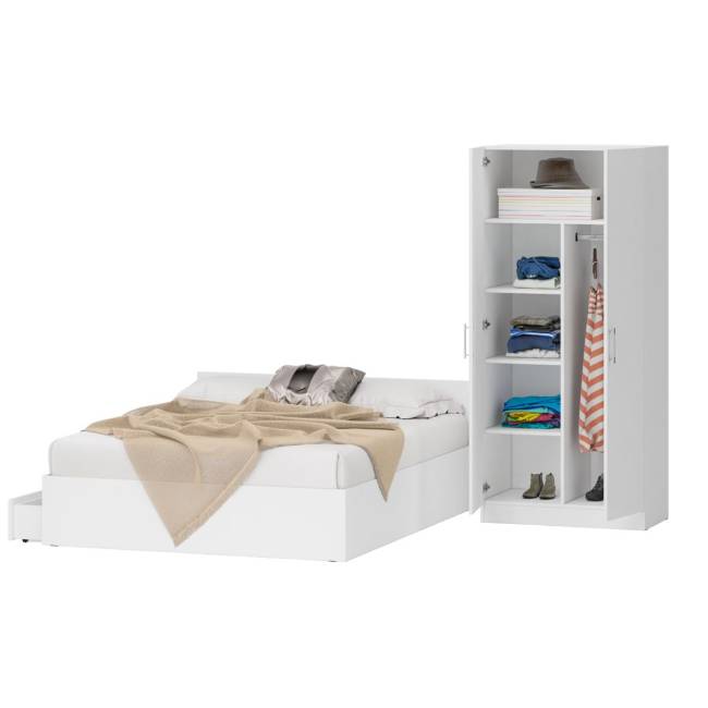 Двуспальная Кровать белая с ящиками 1600 со шкафом для одежды 2-х створчатым Стандарт цвет белый