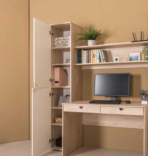 Стол компьютерный с пеналом и полкой Бостон цвет дуб эндгрейн элегантный/фасады МДФ милк рикамо софт