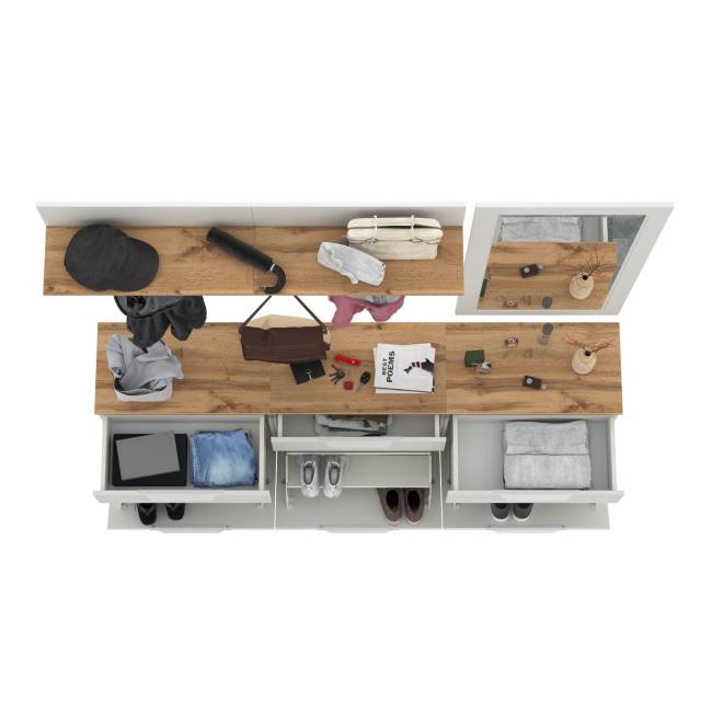 Три обувницы с зеркалом и вешалками для одежды Октава цвет белый шагрень/дуб крафт золотой Три обувницы с зеркалом и вешалками для одежды Октава цвет белый шагрень/дуб крафт золотой