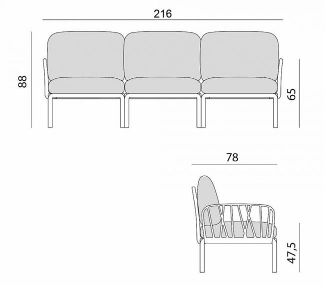 Диван пластиковый с подушками Komodo 3 антрацит, серый 2190х780х900 мм Диван пластиковый с подушками Komodo 3 антрацит, серый 2190х780х900 мм