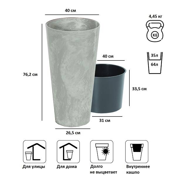 Кашпо для цветов Tubus Slim Beton DTUS400E-422U бетон 2 предмета 35 и 64 л