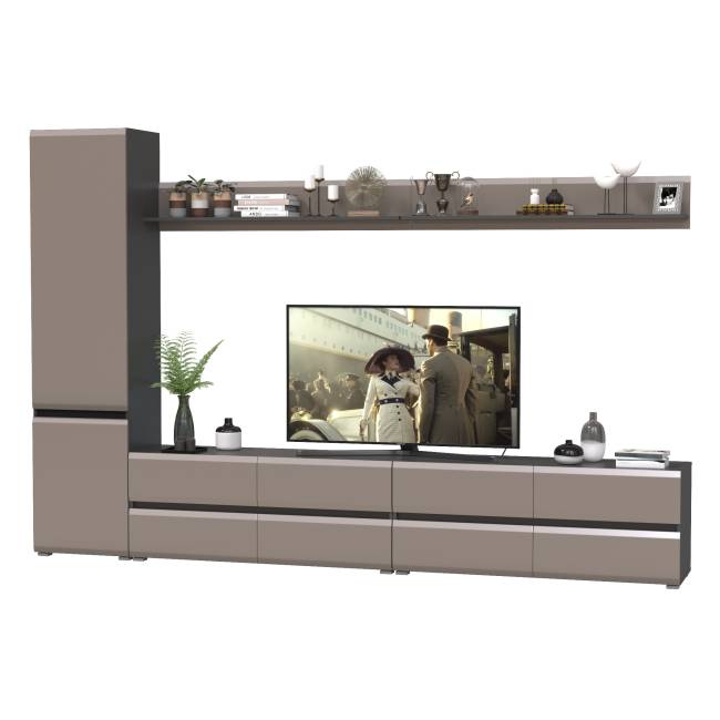 Две тумбы для телевизора с двумя верхними полочками и шкаф с дверками Сидней цвет антрацит/МДФ веллюто капучино Две тумбы для телевизора с двумя верхними полочками и шкаф с дверками Сидней цвет антрацит/МДФ веллюто капучино