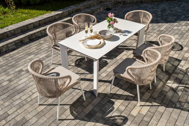 "Венето" обеденная группа на 6 персон со стульями "Милан", каркас белый, роуп бежевый "Венето" обеденная группа на 6 персон со стульями "Милан", каркас белый, роуп бежевый