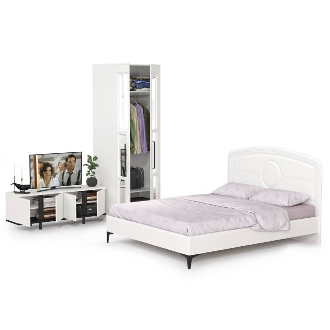 Кровать 1600 с ТВ-тумбой и шкафом с зеркалами Валенсия цвет белый шагрень/чёрный Кровать 1600 с ТВ-тумбой и шкафом с зеркалами Валенсия цвет белый шагрень/чёрный