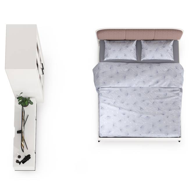 Кровать двуспальная Валенсия со шкафом и ТВ тумбой Квадро цвет белый шагрень/чёрный/ткань велутто 19