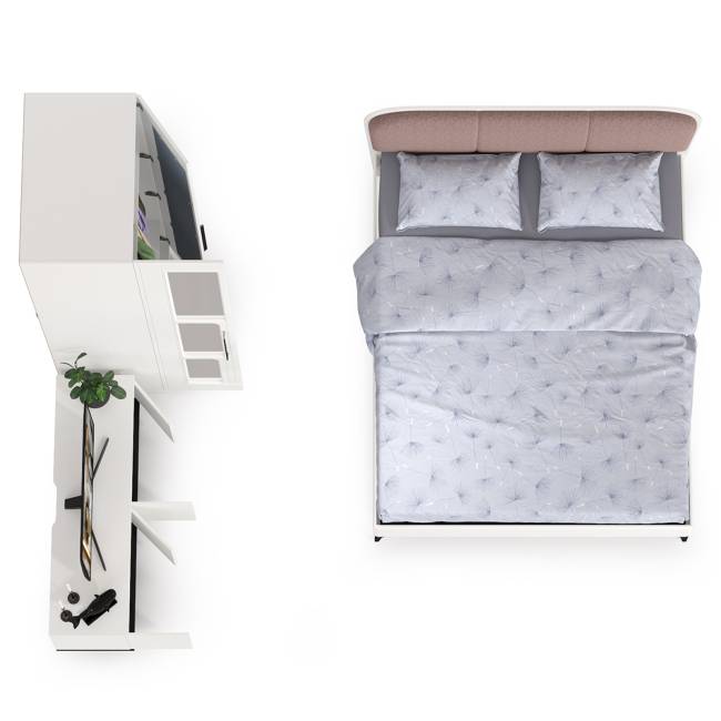 Кровать двуспальная Валенсия со шкафом и ТВ тумбой Квадро цвет белый шагрень/чёрный/ткань велутто 19