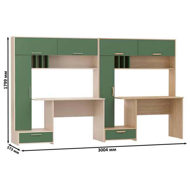 Два письменных стола с пеналом Лайт 03.243Н цвет сатин/дымчатый зелёный/плэйн/дымчатый зелёный