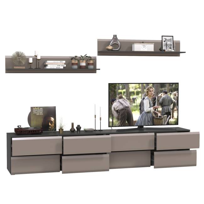 Две ТВ-тумбы с двумя навесными открытыми полками Сидней цвет антрацит/МДФ веллюто капучино