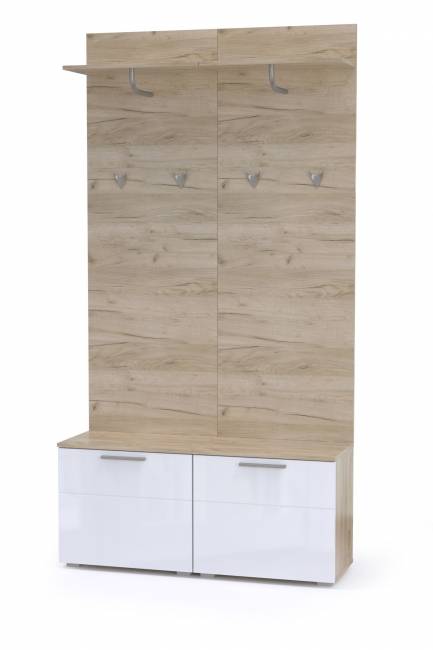 Тумбы для обуви с вешалками для верхней одежды Лайн цвет дуб крафт серый/фасады МДФ белый глянец Тумбы для обуви с вешалками для верхней одежды Лайн цвет дуб крафт серый/фасады МДФ белый глянец