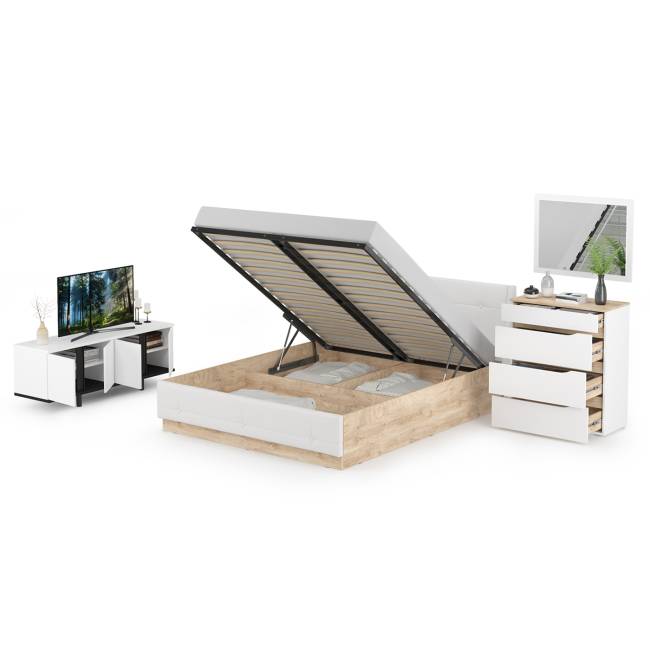 Муссон Кровать 1600 с подъёмным механизмом с тумбой TV 13.276 и зеркалом СВК цвет белый/чёрный/дуб эндгрейн элегантный/кожзам белый