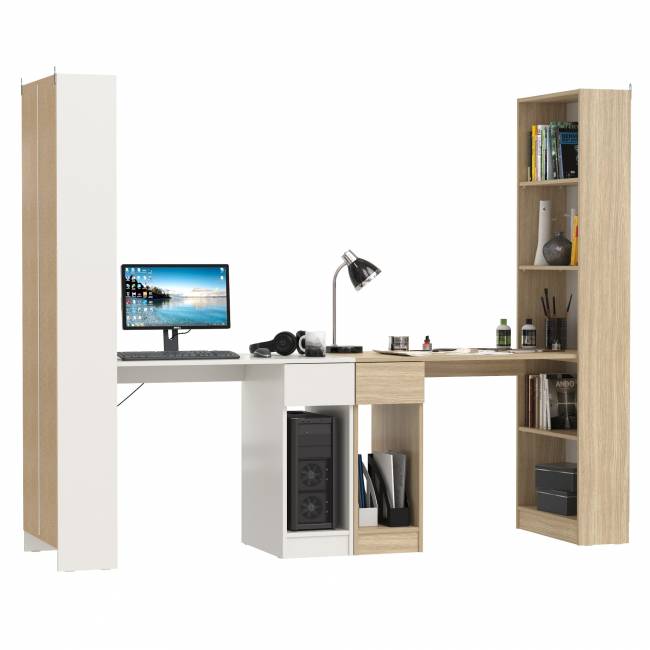 Два письменных стола Лайт 10.01 со шкафом с полками цвет белый гладкий/плэйн