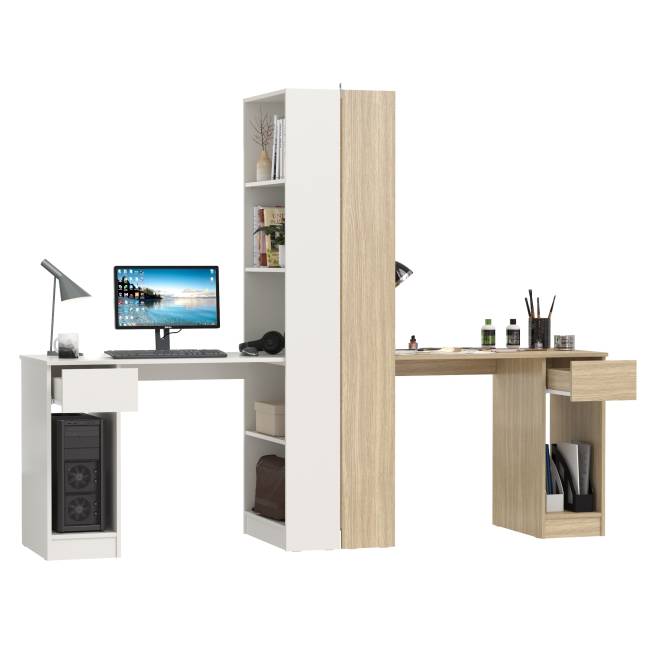 Два письменных стола Лайт 10.01 со шкафом с полками цвет белый гладкий/плэйн