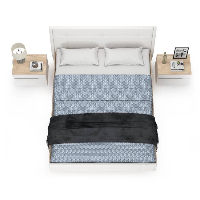 Кровать с подъёмным основанием и двумя прикроватными тумбами Муссон цвет белый/дуб эндгрейн элегантный/кожзам белый Кровать с подъёмным основанием и двумя прикроватными тумбами Муссон цвет белый/дуб эндгрейн элегантный/кожзам белый