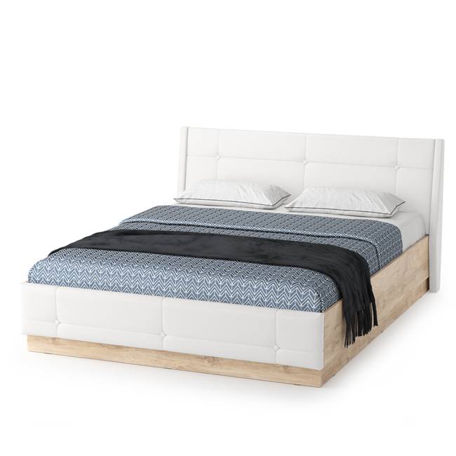 Кровать с подъёмным основанием и двумя прикроватными тумбами Муссон цвет белый/дуб эндгрейн элегантный/кожзам белый Кровать с подъёмным основанием и двумя прикроватными тумбами Муссон цвет белый/дуб эндгрейн элегантный/кожзам белый