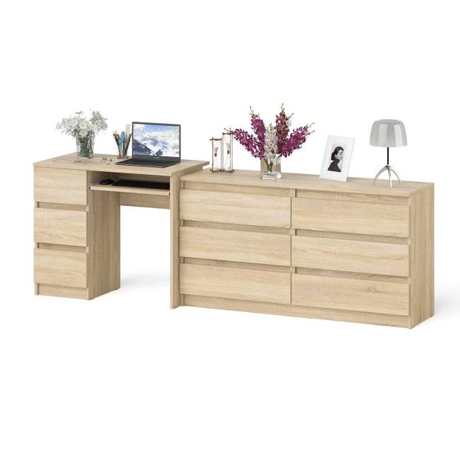 Широкий комод Мори МК1380.6 и стол компьютерный МС-6 три ящика слева цвет дуб сонома