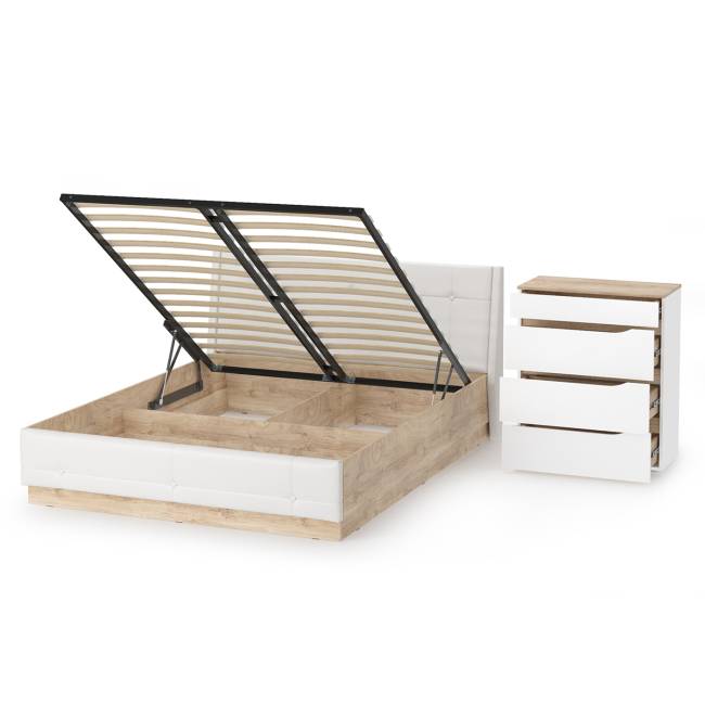 Комод Муссон с кроватью 1600 с подъёмным основанием цвет белый/дуб эндгрейн элегантный/кожзам белый