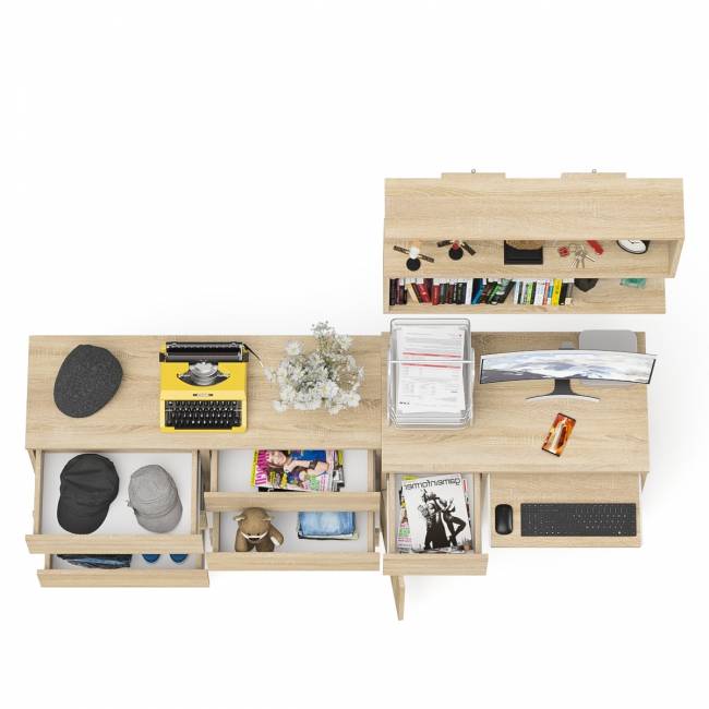 Большой комод на 6-ть ящиков Мори с компьютерным столом МС-1 левый и полка открытая на 900 цвет дуб сонома