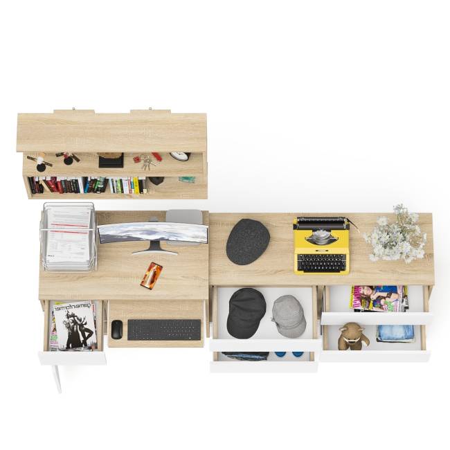 Большой комод на 6-ть ящиков Мори с компьютерным столом МС-1 левый и полка открытая на 900 цвет дуб сонома/белый Большой комод на 6-ть ящиков Мори с компьютерным столом МС-1 левый и полка открытая на 900 цвет дуб сонома/белый