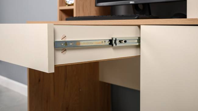 Компьютерный стол с системой хранения Комфорт 12.71 цвет гикори рокфорд натуральный/сатин