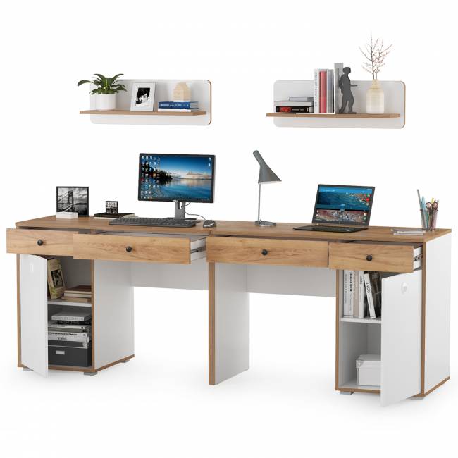 Письменные столы с навесными полками для двоих детей Вуди цвет белый премиум/дуб крафт золотой