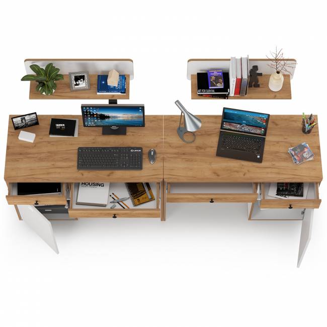 Письменные столы с навесными полками для двоих детей Вуди цвет белый премиум/дуб крафт золотой