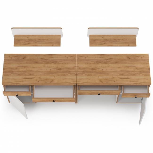 Письменные столы с навесными полками для двоих детей Вуди цвет белый премиум/дуб крафт золотой