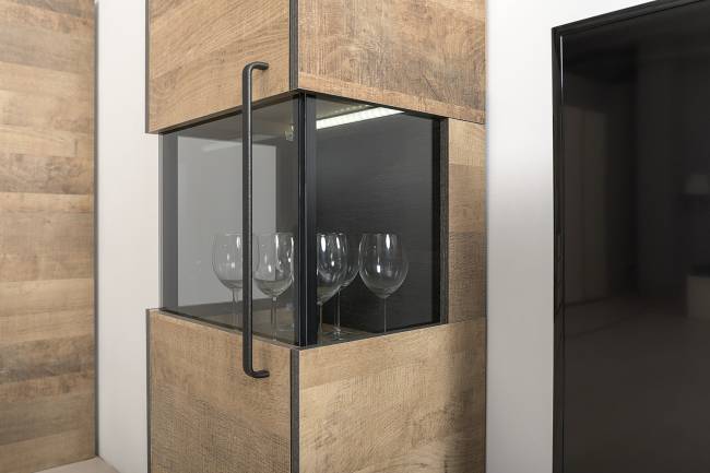 Стенка для гостиной Трувор № 14 с пеналом-витриной с подсветкой цвет дуб гранж песочный/интра